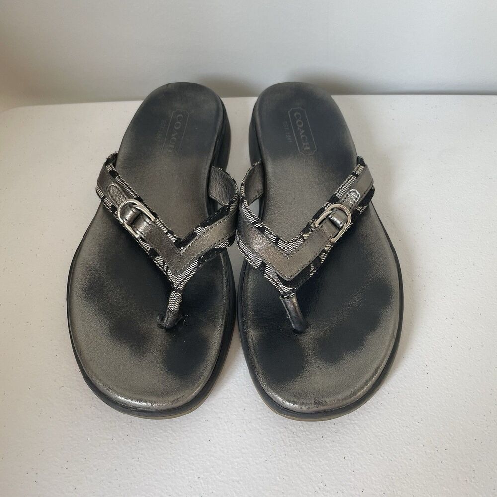 COACH Lindsey Leather Flip Flop Sandals Shoes Silver Gray Black Women's Size 8.5 - Picture 3 of 12